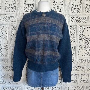 Vintage Christopher Hayes Plaid Blue Chunky Grandpa Sweater Sz Medium